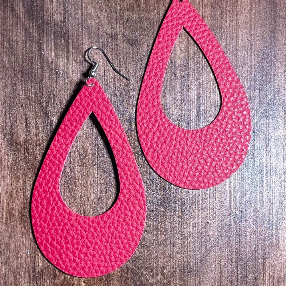 Real Genuine Leather Earrings - Raspberry Red - Picture 2 of 2